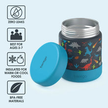 Bentgo Kids stainless food jar with teal lid open and dinosaur pattern
