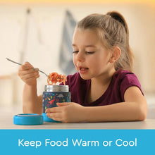 Kids stainless food jar with dinosaur design, held while a child eats