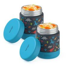 Bentgo Kids stainless food jar set with teal lids and dinosaur pattern