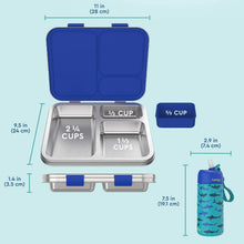 Kids stainless lunch box with two silicone containers and blue lids, size diagram