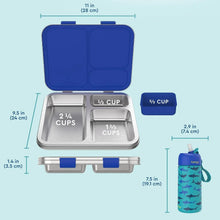 Kids stainless steel lunch box with blue lid, divided tray, and removable silicone container