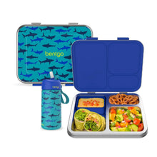 Kids stainless lunch box set with shark bottle; open blue-lidded compartments
