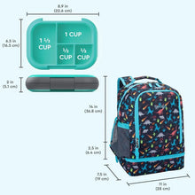 Kids 2-in-1 backpack and lunch box set, teal compartmented lid and overall size view