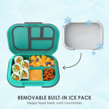 Kids insulated lunch box with lid open, removable built-in ice pack, and divided food sections