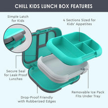 Kids lunch box with removable ice pack, sealed tray with divided compartments and hinged lid