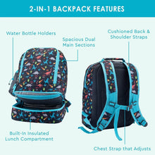 Kids 2-in-1 backpack with teal-piped pattern, cushioned back and adjustable shoulder straps
