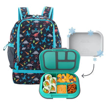 Kids 2-in-1 backpack with insulated lunch box open, teal tray and divided food compartments