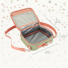 Insulated kids lunch bag open with gray lining and coral zipper trim