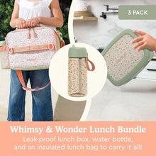 Kids lunch bag with speckle print, orange zipper pocket, and matching water bottle