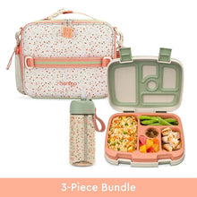 Kids 3-piece lunch bundle with speckle lunch bag, green-lid tray, and water bottle