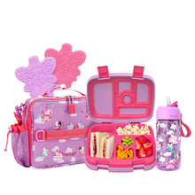 Kids lunch set with glitter tote, pink lunchbox lid open, and matching purple bottle