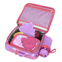 Kids lunch set bag with open mesh pocket and purple lunchbox with star-shaped dividers