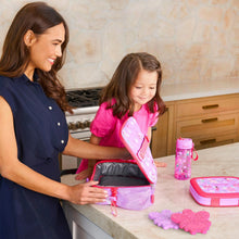 Child lunch set tote with open compartment, pink lunchbox and matching water bottle