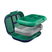 Kids lunch box open with white separator insert and teal tray