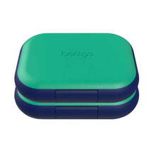Kids lunch box with teal lid and navy base, snap-seam design
