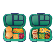 Two-piece kids lunch box set, teal and navy, open showing separate meal sections