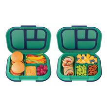 Two kids lunch boxes open side by side with compartments of food