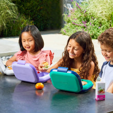 Kids lunch box set with purple and teal containers on table