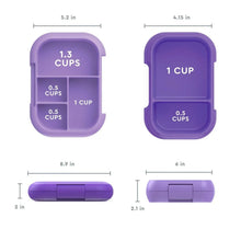 Purple lunch box compartments diagram, shows 1 cup and 0.5 cup sections
