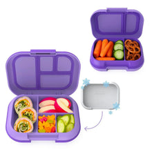 Purple kids lunch box with lid open, filled with carrots, cucumber, and pretzels