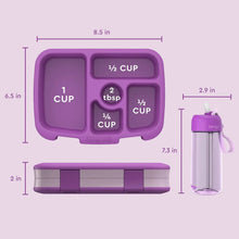 Purple kids lunch box with cup measurements and matching water bottle on white.