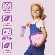 Kids leak-proof lunch box and purple water bottle set, held by smiling child.