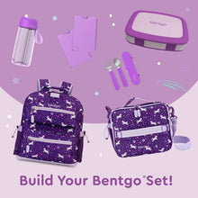 Kids leak-proof lunch box and water bottle set in purple, with accessories.