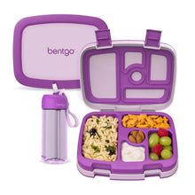 Purple kids lunch box with 5 compartments and purple water bottle, filled with food.
