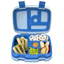 Blue lunch box container open, with food portions in three sections
