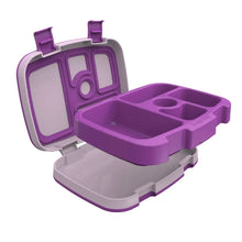 Purple lunch box container with open lid and divided compartments