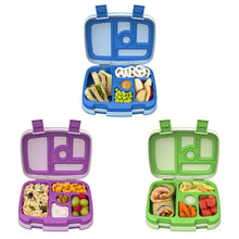 Three lunch box containers in purple, green, and blue, all open
