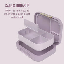 Lavender lunch box with removable insert and hinged lid, open view