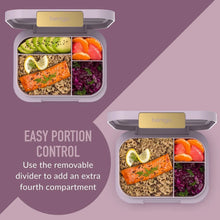 Lavender lunch box with 4 compartments and removable divider, lid open