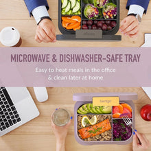 Leak-resistant lunch box set with divided compartments, lid open and food inside
