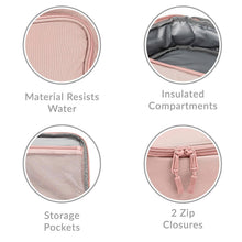 Pink meal prep bag with insulated compartments, pockets, and two zip closures