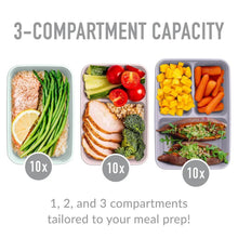 3-compartment meal prep containers with vegetables and fruit in separate sections