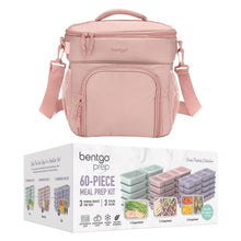 Pink meal prep bag with front pocket and shoulder straps; includes 60-piece kit box