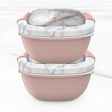 Two-tier salad bento lunch box with marbled clear lid and pink containers