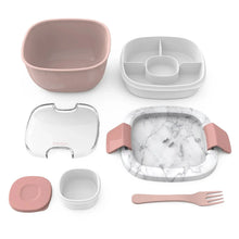 Salad bento lunch box set: pink and white containers, lids, fork, and separator