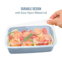 Rectangular meal prep container with translucent ribbed lid and colorful food