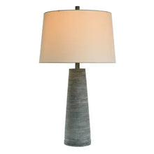 Bentley table lamp with tan fabric shade and gray ribbed ceramic base