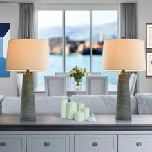 Set of 2 table lamps with beige fabric shades and ribbed light gray bases