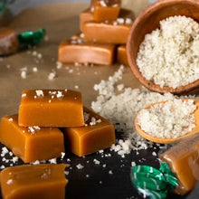 Béquet Celtic sea salt caramels, caramel squares with white sea salt crystals