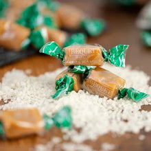 Béquet Celtic sea salt caramels in green wrappers, unwrapped caramel with salt