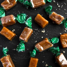 Béquet Celtic sea salt caramels, assorted caramel pieces with green wrappers and salt