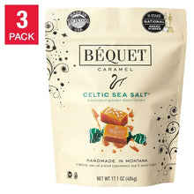 Béquet Celtic sea salt caramels 3-pack pouch with product label and caramels
