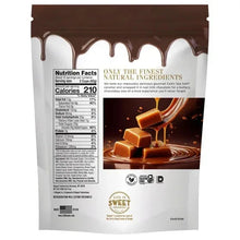 Caramel cups bag back with nutrition facts and chocolate caramel illustration