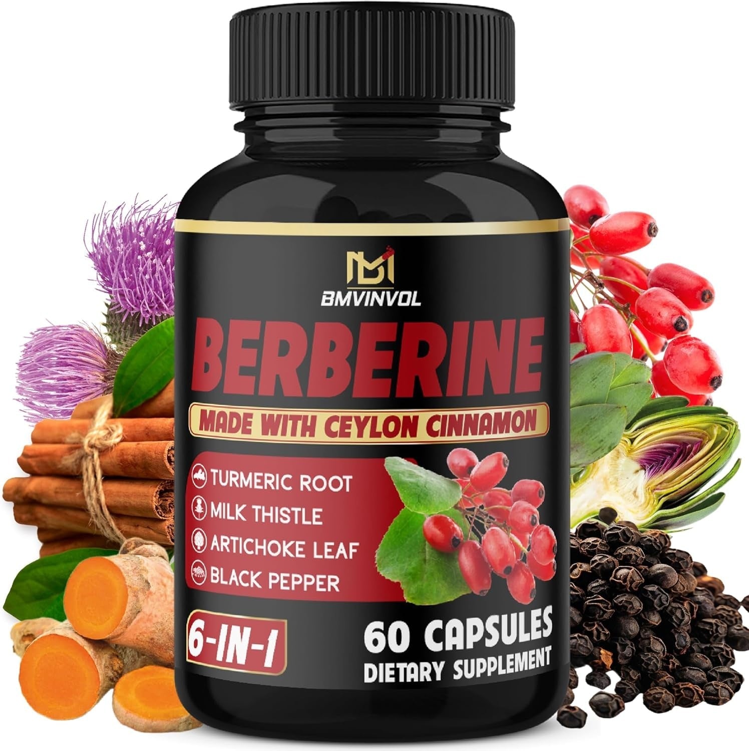 Berberine with Ceylon Cinnamon, Turmeric, Milk Thistle, Artichoke, Black Pepper - 150 Count - Pack of 1