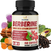 Berberine dietary supplement bottle with black label and 150 capsule front label