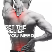 Man holding lower back with red pain area, get the relief you need text